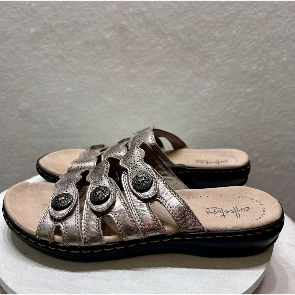 Clarks Collection Metallic Pewter Slide Sandal Women 9M Ultimate Comfort Scallop